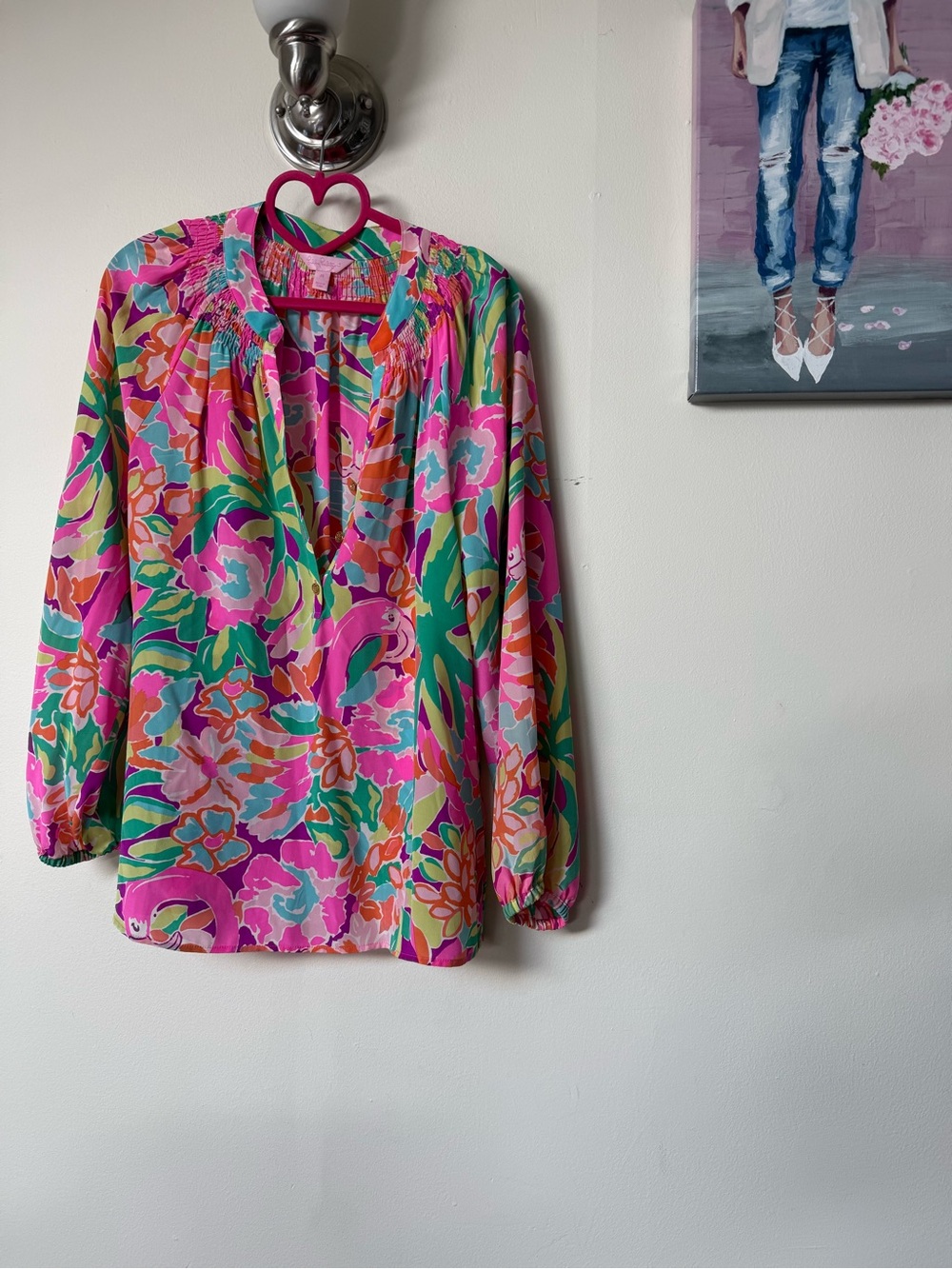 Lilly Pulitzer Vibrant Flamingo Peasant Blouse